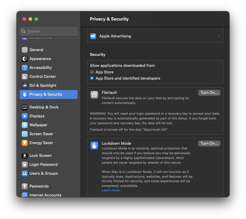 macOS Security Settings